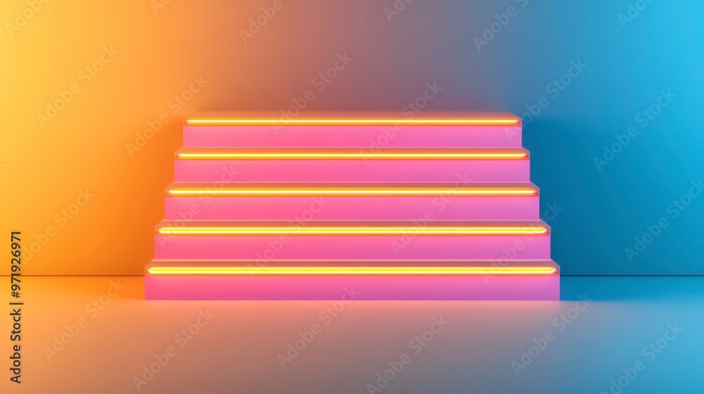 Obraz premium A modern, illuminated staircase featuring vibrant pink and orange LED lights against a sleek blue background.