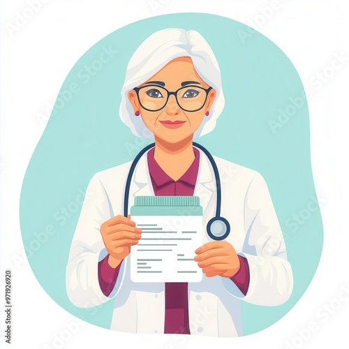 Senior woman holding a medical prescription, healthcare support, cartoon style, bright tones, isolated on white background photo