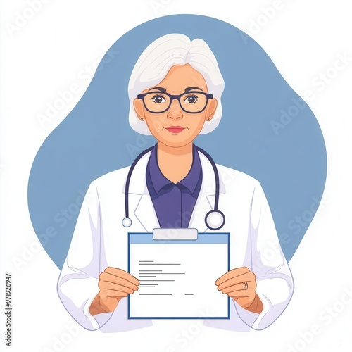 Senior woman holding a medical prescription, healthcare support, cartoon style, bright tones, isolated on white background