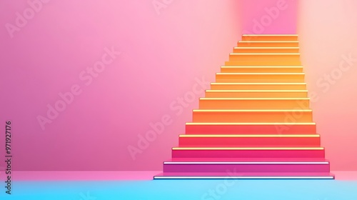 A vibrant, gradient staircase transitions from orange to pink against a soft pastel backdrop, inviting exploration and creativity.