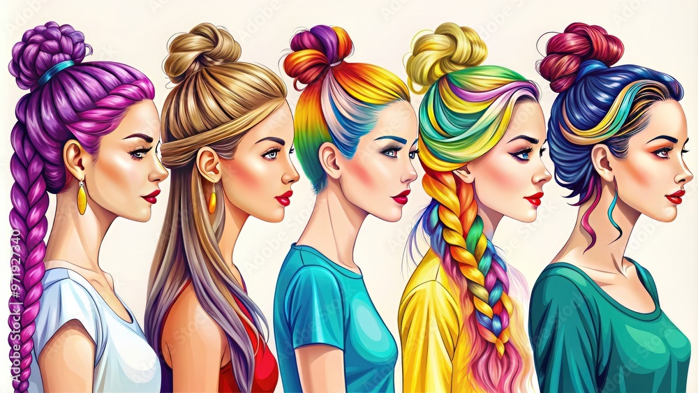 Obraz premium Vibrant, colorful illustration of various trendy hairstyles, including braids, buns, and ponytails, showcasing diverse textures, lengths, and styles on smiling, fashion-forward young women's profiles.