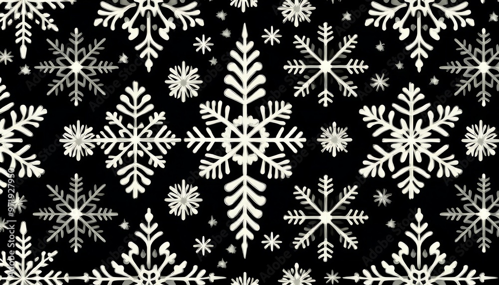 Seamless Pattern of White Snowflakes on Black Background
