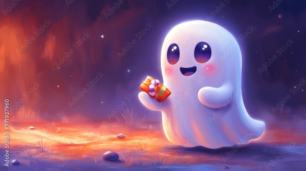 A cute ghost character joyfully holding a gift in a colorful, magical setting. A cute ghost character joyfully holding a gift in a colorful, magical setting.