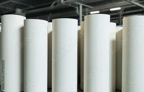 white paper rolls in industrial factory for storage