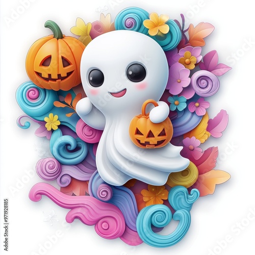 Enchanting 3D Claymation Sticker Art of Cute Ghost with Lantern Head Surrounded by Colorful Waves and Flowers