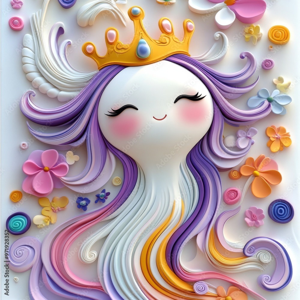 Enchanting Claymation Art of Cheerful Ghostly Queen Floating in Swirling Pastel Waves | Ultra HD 3D Animation Cartoon Sticker Design Enchanting Claymation Art of Cheerful Ghostly Queen Floating in Swirling Pastel Waves | Ultra HD 3D Animation Cartoon Sticker Design