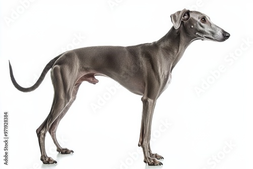 Greyhound dog standing in profile on white background, isolate,