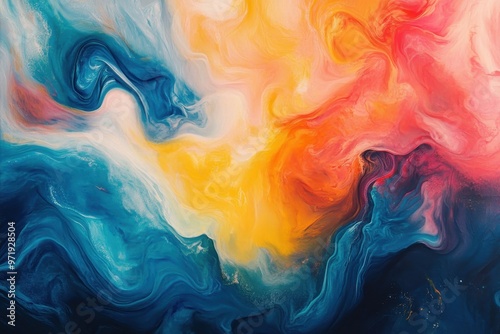 Abstract Painting with Swirling Blue, Yellow, and Red Hues