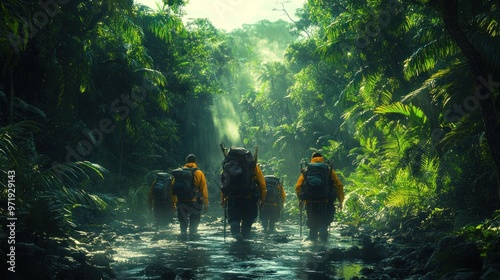 Fototapeta Naklejka Na Ścianę i Meble -  Hikers trekking through a lush jungle environment.