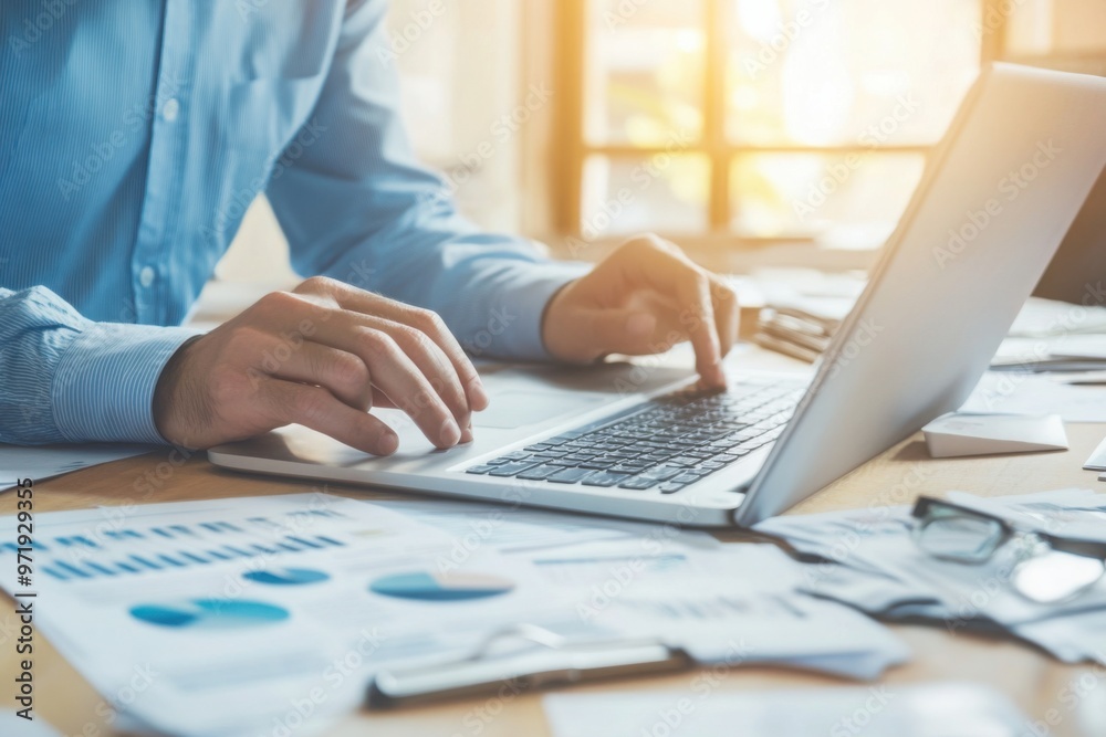 Business professional working on laptop with reports Business professional working on laptop with reports