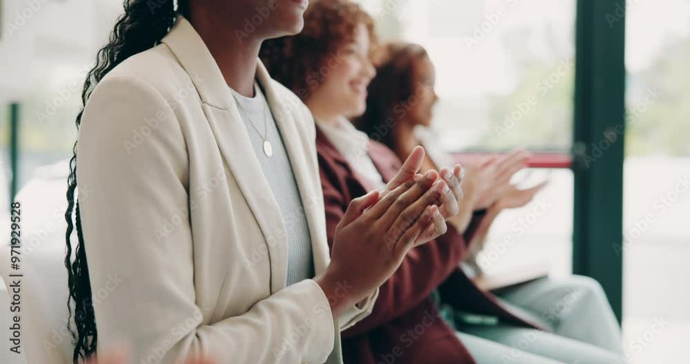 Business people, audience and celebration for conference, workshop and corporate training or development. Hands, diversity and applause for presentation, collaboration or industry goals with support