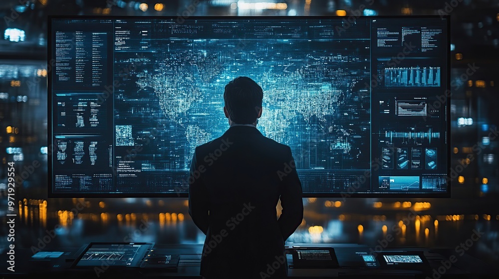 A businessman presenting data on a large digital screen in a futuristic boardroom A businessman presenting data on a large digital screen in a futuristic boardroom