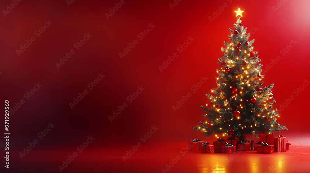 Festive atmosphere with a glowing red Christmas tree Festive atmosphere with a glowing red Christmas tree