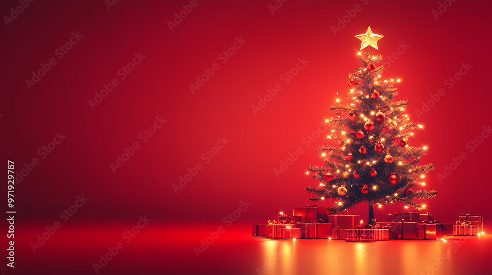 Festive atmosphere with a glowing red Christmas tree Festive atmosphere with a glowing red Christmas tree