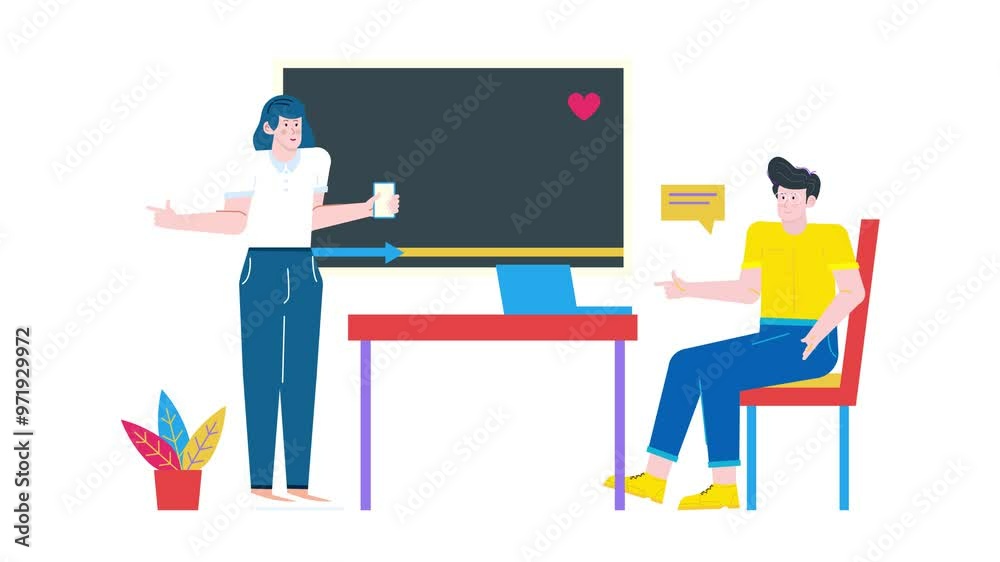 Illustration of two colleagues in a business meeting discussing ideas with an interactive presentation animated video Illustration of two colleagues in a business meeting discussing ideas with an interactive presentation animated video