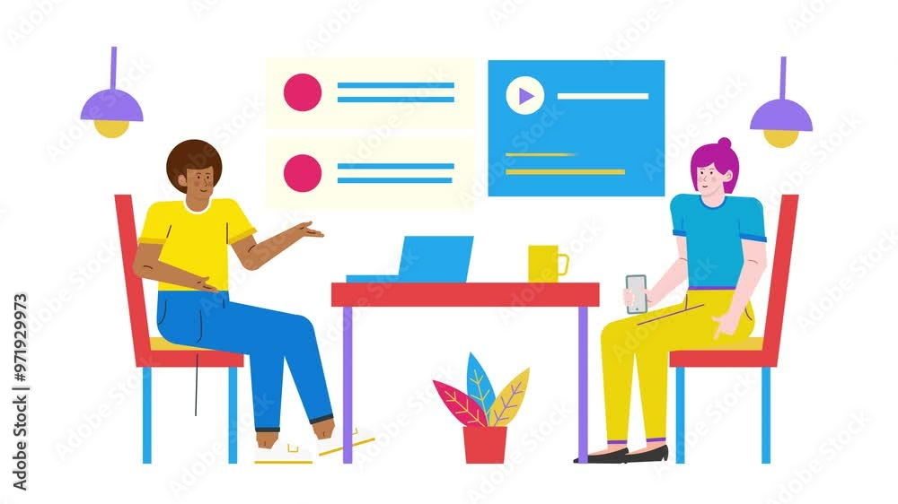 Two individuals engage in a productive conversation sharing ideas in a colorful and inviting work environment illustration animated video Two individuals engage in a productive conversation sharing ideas in a colorful and inviting work environment illustration animated video