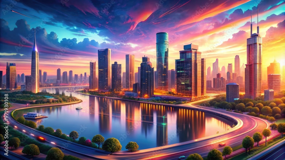 Obraz premium Vibrant digital illustration of a bustling metropolis at sunset, featuring sleek skyscrapers, winding roads, and vibrant neon lights reflected in a serene city lake.