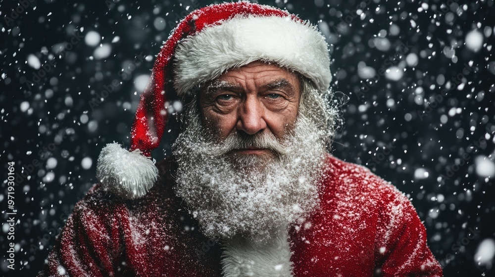 A man in a red Santa hat and beard is standing in the snow A man in a red Santa hat and beard is standing in the snow