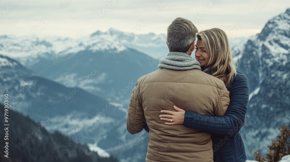 Naklejka premium A couple holding each other close while overlooking a mountain range, hands resting gently on each others backs, smiles on their faces