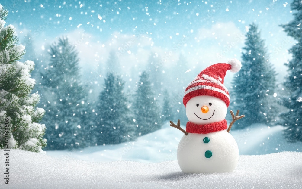 A snowman with a red hat and scarf stands in the snow A snowman with a red hat and scarf stands in the snow