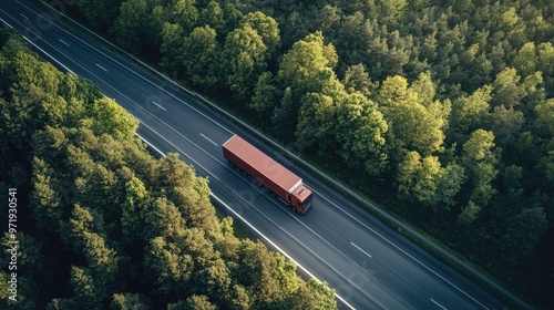 A red semi truck is driving down a road through a forest