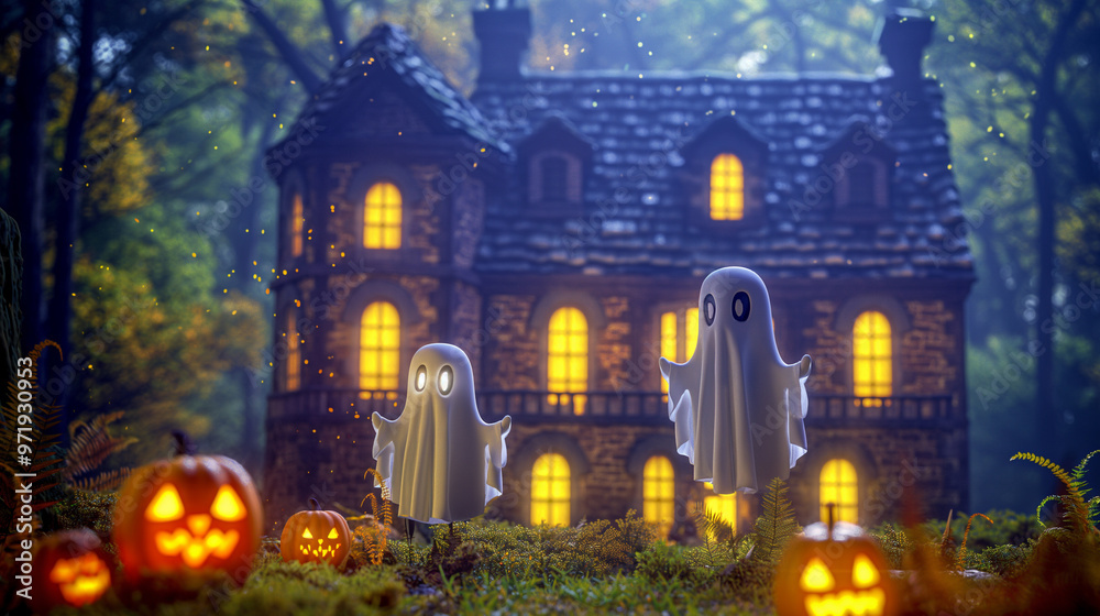 Ghostly Gathering, cute, cartoonish ghosts hovering over a haunted house, creating a fun and friendly Halloween scene, Halloween, with copy space Ghostly Gathering, cute, cartoonish ghosts hovering over a haunted house, creating a fun and friendly Halloween scene, Halloween, with copy space