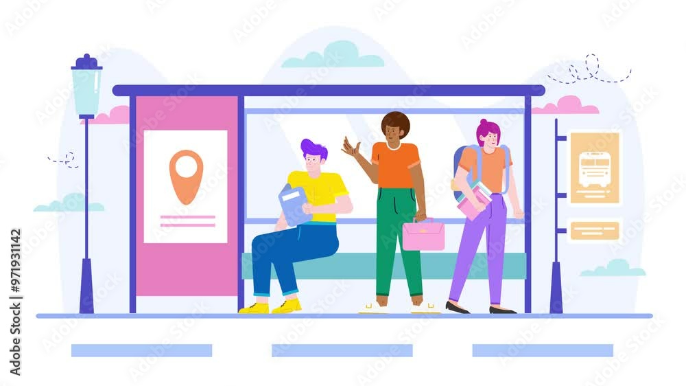 A vibrant illustration of three individuals waiting at a bus stop showcasing urban life and community interaction animated video