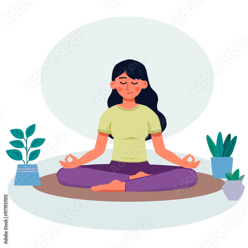 Girl meditating with plants and lotus flower position