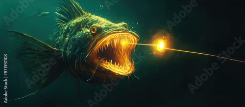 Anglerfish with glowing lure, attracting prey in dark depths, 