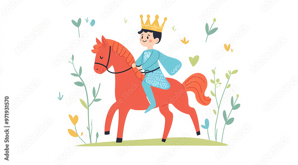 Child's naive chalk drawing of a cheerful prince on horse
