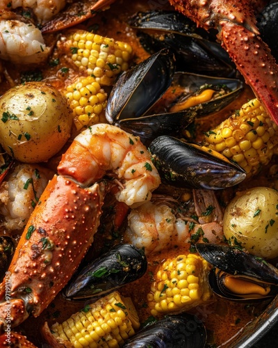 Close-up of seafood boil with crab, shrimp, and corn