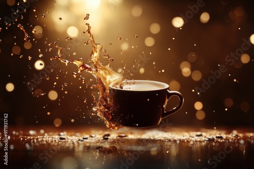 Coffee splash from black cup with bokeh background