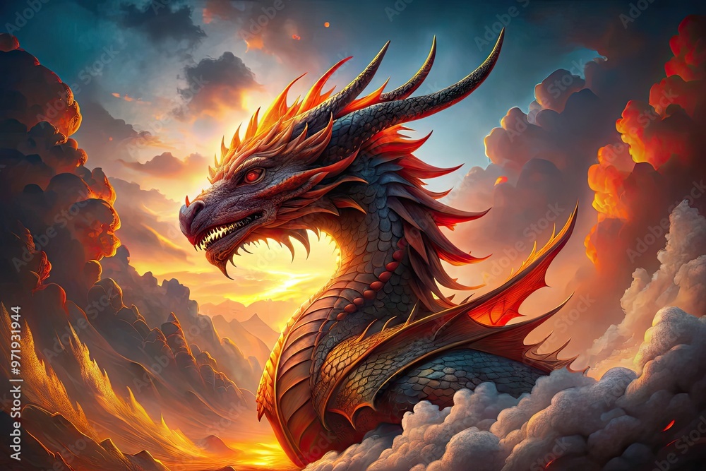 Vibrant, fiery dragon with scales shimmering in shades of orange and red, set against a subtle gradient of clouds and misty atmosphere, conveying mythical power. Vibrant, fiery dragon with scales shimmering in shades of orange and red, set against a subtle gradient of clouds and misty atmosphere, conveying mythical power.