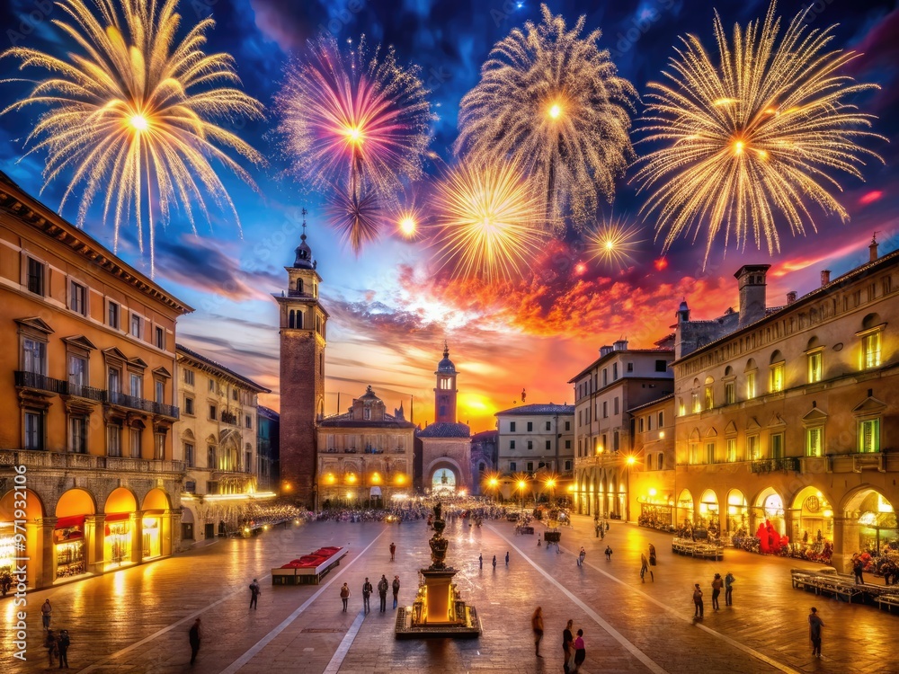 Obraz premium Vibrant fireworks illuminate the night sky above a bustling Italian city square, surrounded by ornate architecture and festive New Year's Eve decorations.