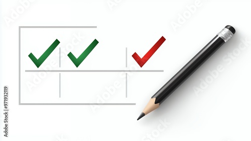 Pencil resting on a white background with a checklist with two green check marks and one red check mark.