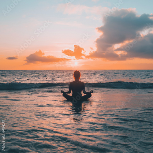 A calming image of a person meditating on a beach at sunrise. The silhouette of the person is in a lotus position, with the soft orange and pink colors of the sky blending into the calm ocean. The atm