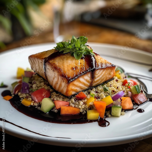  beautifully styled image of a gourmet plate of food, featuring a delicately plated dish of seared salmon on a bed of quinoa with colorful vegetables and a drizzle of balsamic glaze. The presentation 