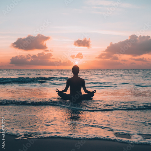 A calming image of a person meditating on a beach at sunrise. The silhouette of the person is in a lotus position, with the soft orange and pink colors of the sky blending into the calm ocean. The atm