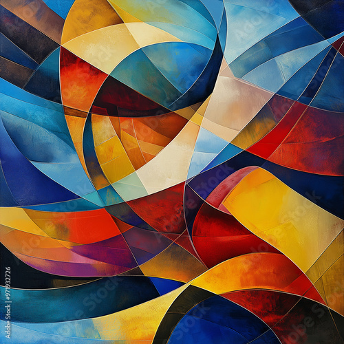 A bold, vibrant abstract digital painting with geometric shapes and flowing lines, featuring bright colors like red, blue, and yellow. The artwork is modern and dynamic, with a mix of sharp edges and 
