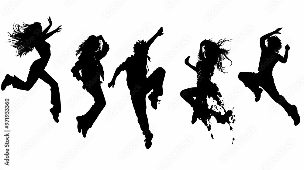 Dynamic silhouettes of diverse dancers in mid-air poses, showcasing energy and expression. Dynamic silhouettes of diverse dancers in mid-air poses, showcasing energy and expression.