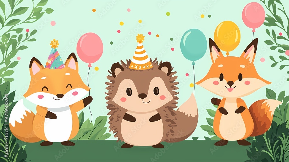 Three cheerful cartoon animals celebrating with balloons and party hats. Three cheerful cartoon animals celebrating with balloons and party hats.