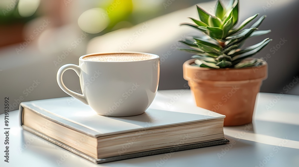 A cozy scene with a cup of coffee on an open book beside a potted plant. A cozy scene with a cup of coffee on an open book beside a potted plant.