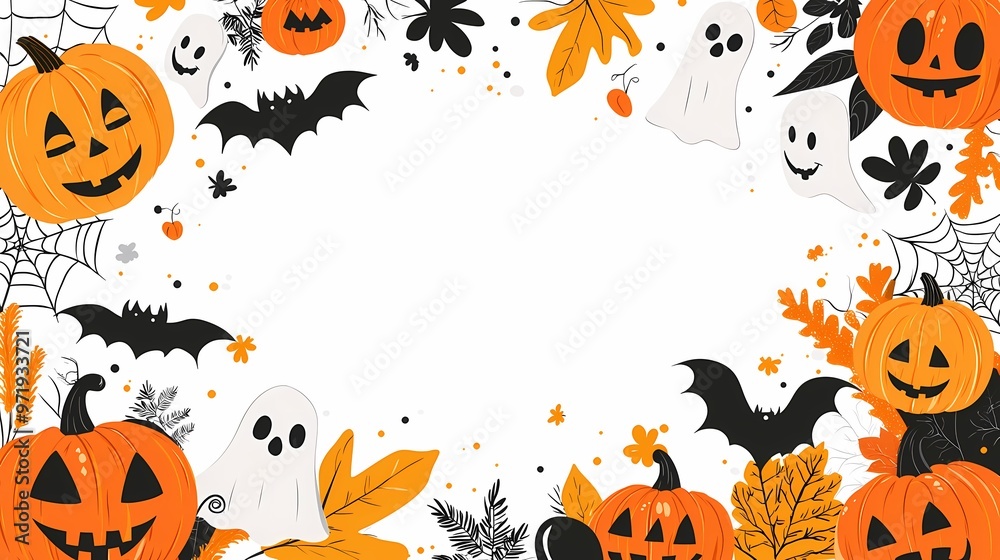Playful Halloween-themed border featuring pumpkins, ghosts, and bats. Playful Halloween-themed border featuring pumpkins, ghosts, and bats.