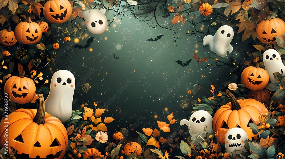 Festive Halloween scene with pumpkins, ghosts, and autumn foliage. Festive Halloween scene with pumpkins, ghosts, and autumn foliage.
