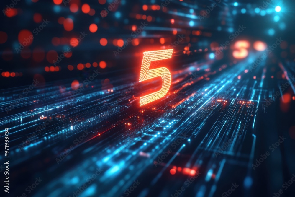 Obraz premium Futuristic digital number five in neon lights