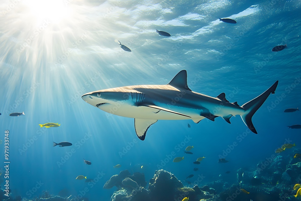 Underwater Majesty Caribbean Reef Shark Swimming in Atlantic Waters Underwater Majesty Caribbean Reef Shark Swimming in Atlantic Waters