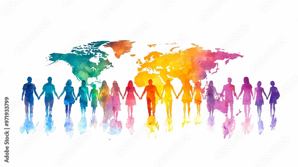 Obraz premium Diverse group of individuals holding hands, symbolizing unity and global connection.