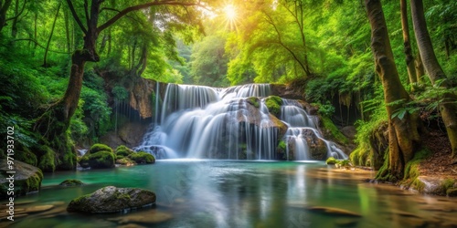 Serene forest waterfall with lush trees and flowing water, nature, waterfall, forest, serene, peaceful, landscape, trees