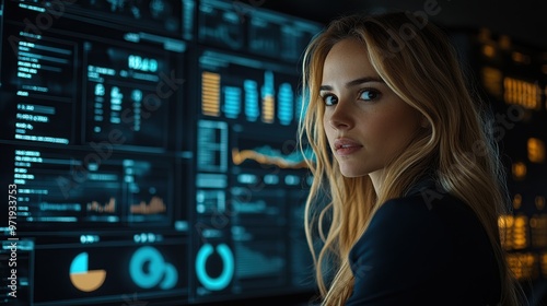  A businesswoman presenting data on a large digital screen in a futuristic boardroom photo