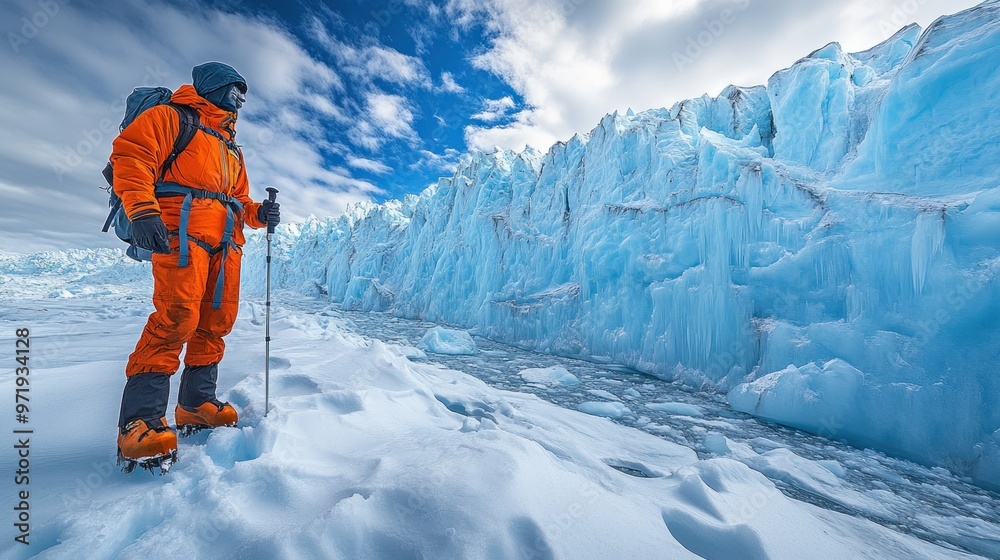 A climber in an orange suit stands near a blue glacier.